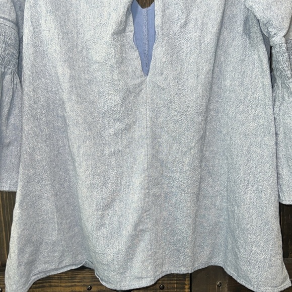 Free People Chambray Mini Dress Romper L Blue Mist Denim Look Boho Flare Sleeves - Picture 8 of 13